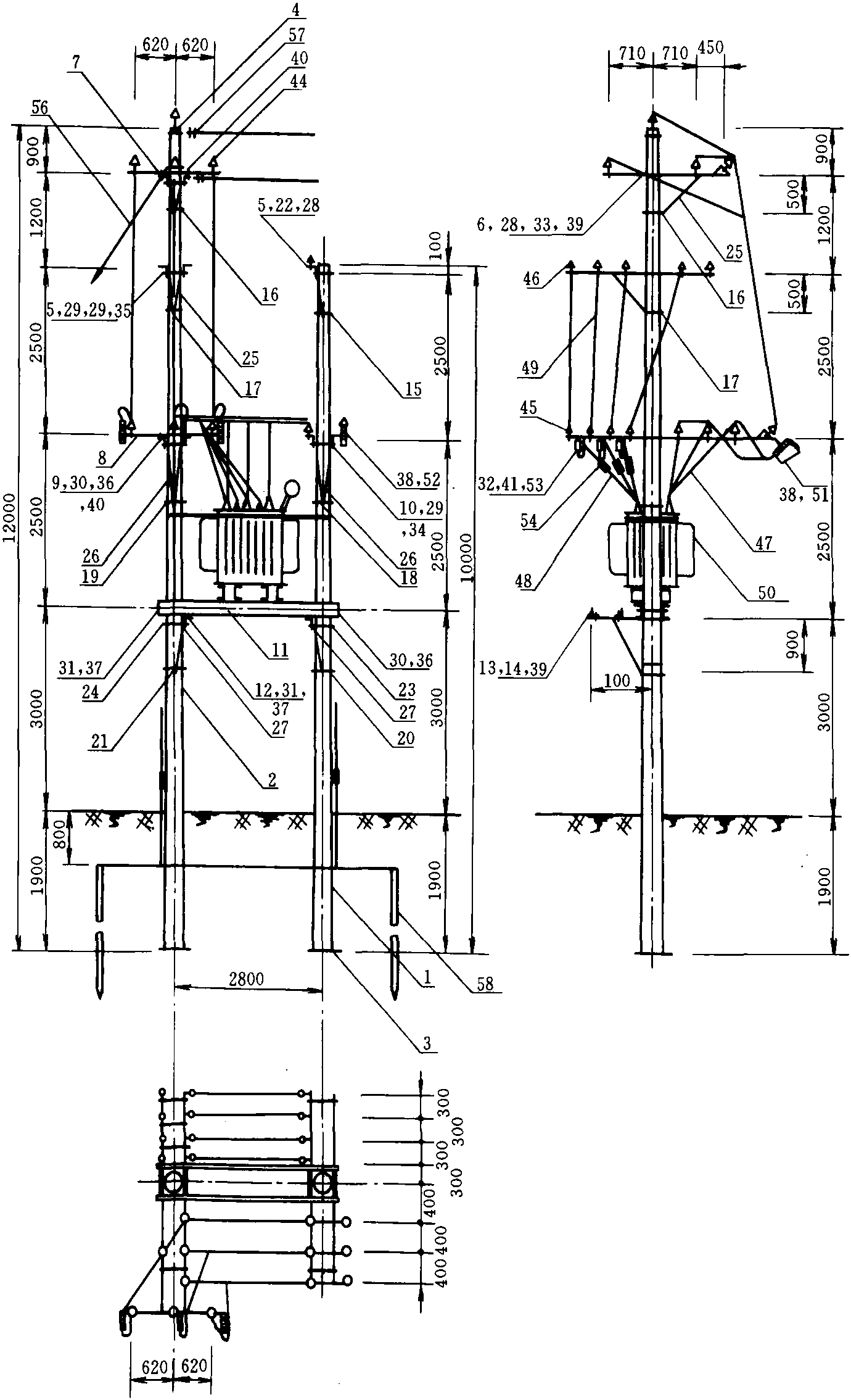 图8-8 BT-8，12m终端型双杆变台安装图
